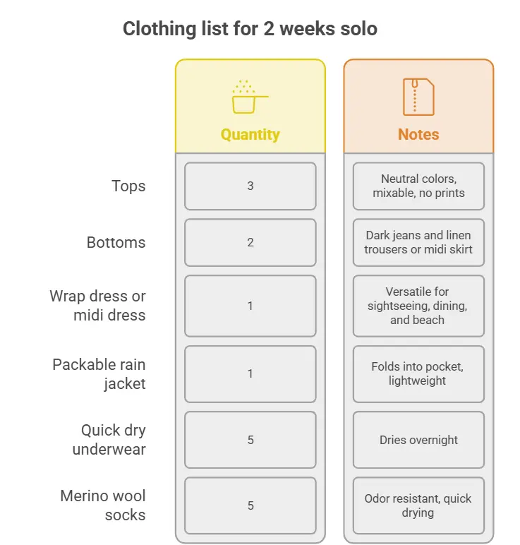 Neutral toned Europe travel capsule wardrobe laid flat including 3 tops 2 bottoms one dress and jacket